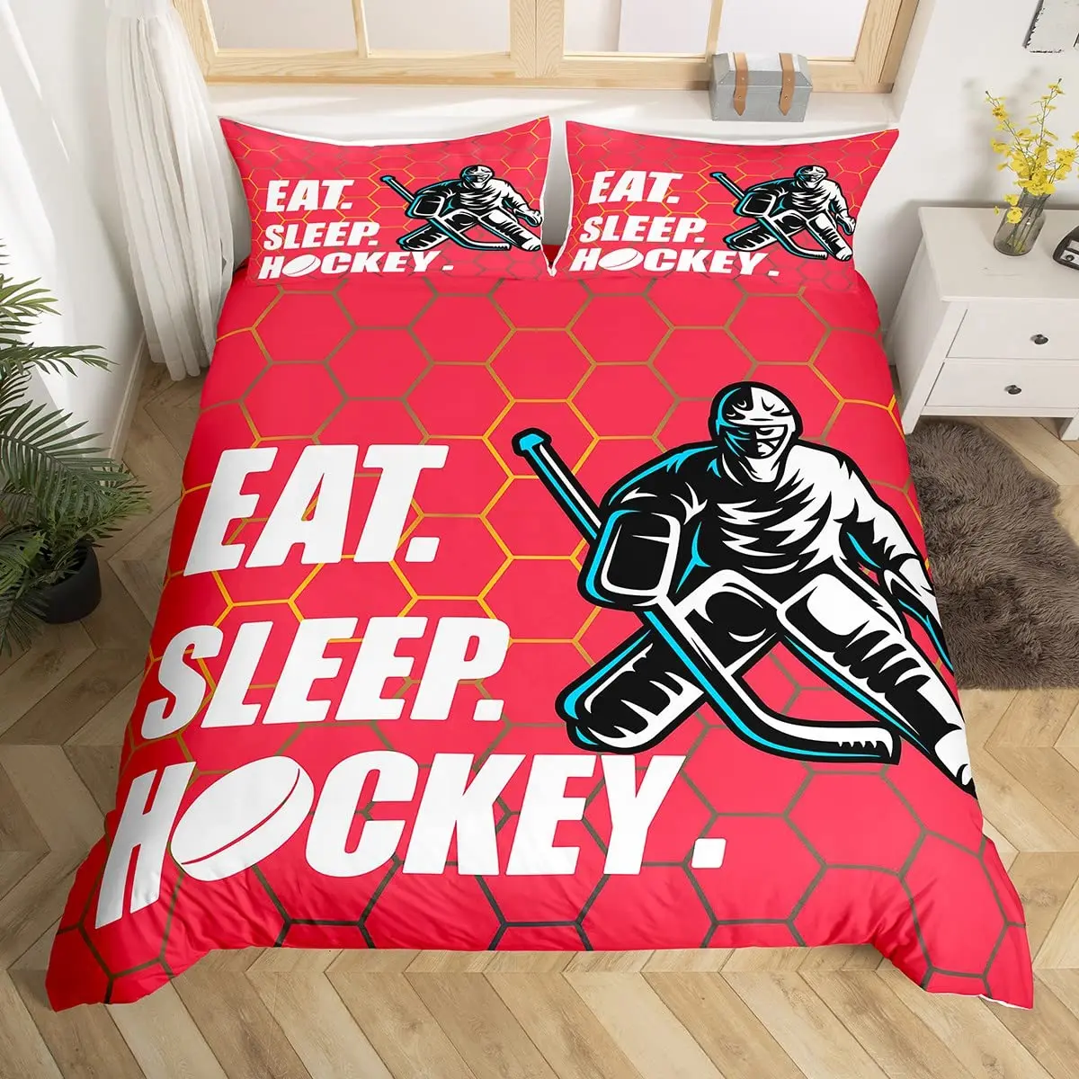 

Ice Hockey Duvet Cover Hockey Sports Event Comforter Cover For Boys Girls Eat Sleep Hockey Winter Sports Hobby Bedding Set