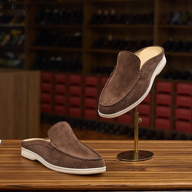 Summer Flat Bottom Genuine Leather Slippers Men's Outdoor Wear Half Slippers Slip-On Cool Style round Toe Cow Suede Lazy Shoes