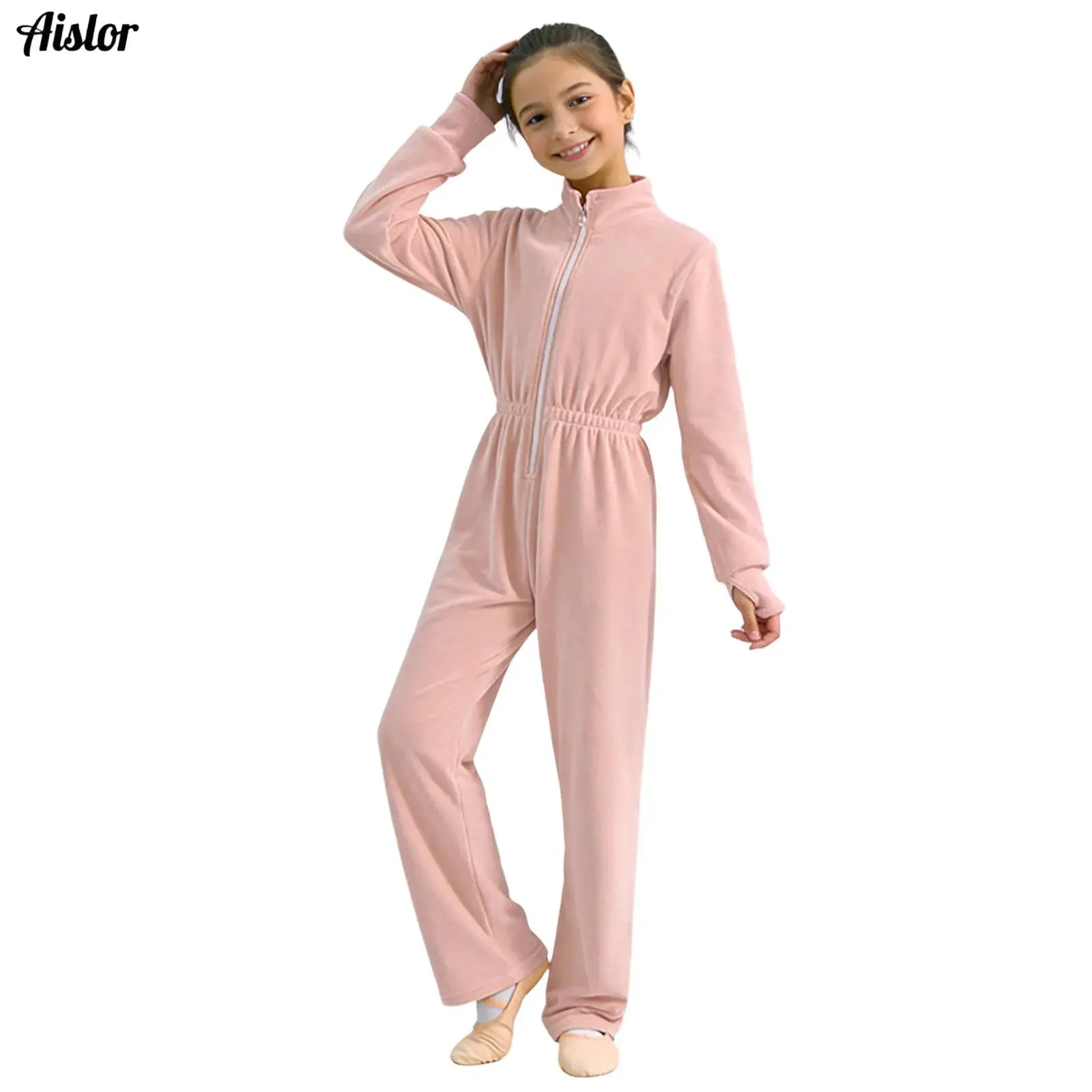 

Kids Girls Fleece Jumpsuit Zipper Front Stand Collar Long Sleeves Thumbholes Elastic Waist Bodysuit Casual Homewear Casualwear