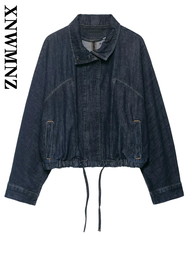 

XNWMNZ 2025 Осенняя женская модная простая джинсовая куртка с отложным воротником и длинными рукавами, шикарная женская синяя повседневная куртка