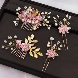 cute pink blue purple flower wedding hair comb hairpin crystal pearl bride headpiece for women girls hair accessories