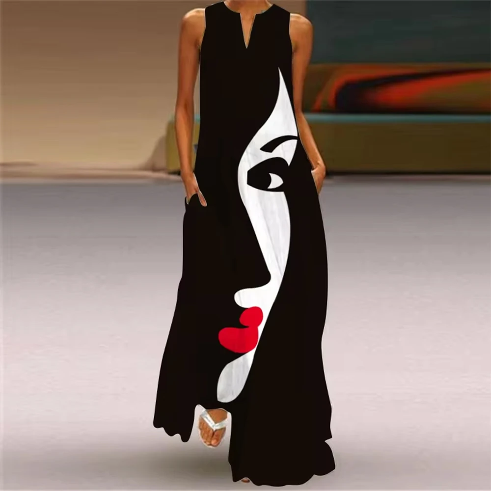 

Women's Summer Long Dress Fashion Black Sleeveless Abstract Face Print Elegant Ankle-Length Dresses Tank Top Casual Beach Party