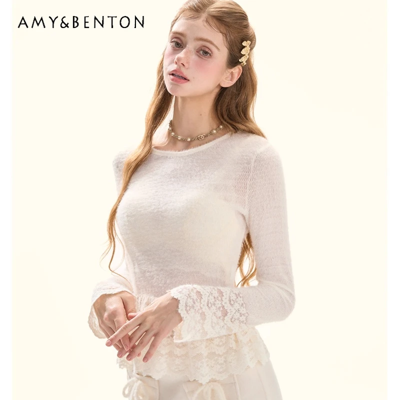 

Корейский дизайн, белая кружевная отделка, женская нижняя рубашка, осень-зима, новый универсальный норковый бархатный вязаный пуловер, женский