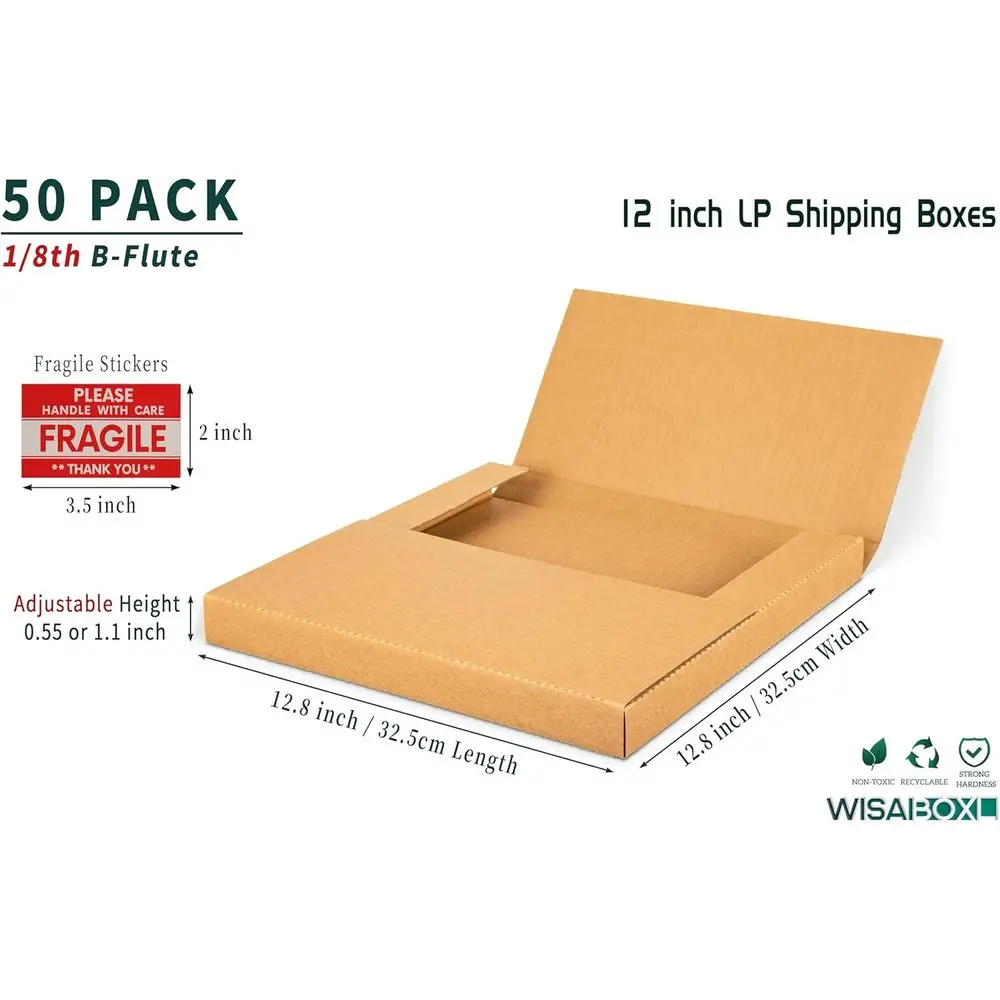 12.8 Vinyl Record Shipping Boxes, 50 Pack, Multi-Depth, Easy-Fold, Fragile Stickers Included