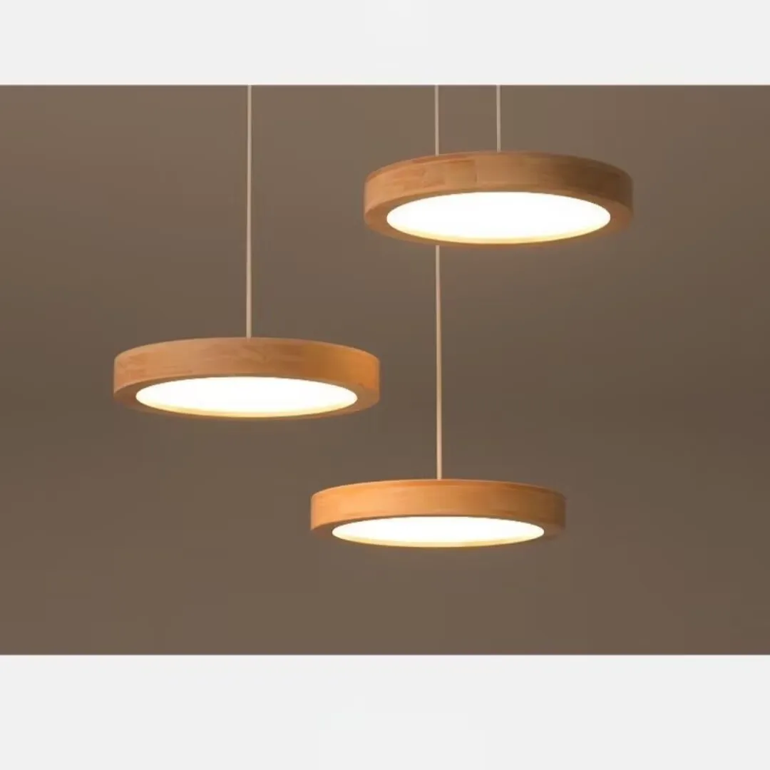 New minimalist wooden living room chandelier, bar counter chandelier, three head round LED solid wood lamp for bedroom