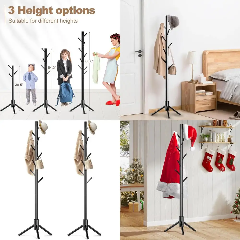 

Double-Tier Wooden Coat Stand with 8 Hooks for Hats, Coats, and Accessories in Black