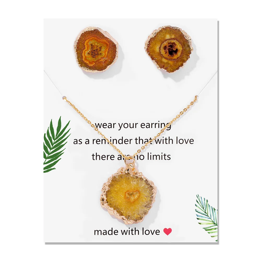 Natural Green Druzy Agates Cluster Pendant Necklace With Earrings Irregular Geode Rough Natural Stone Ear Studs Necklace Jewelry