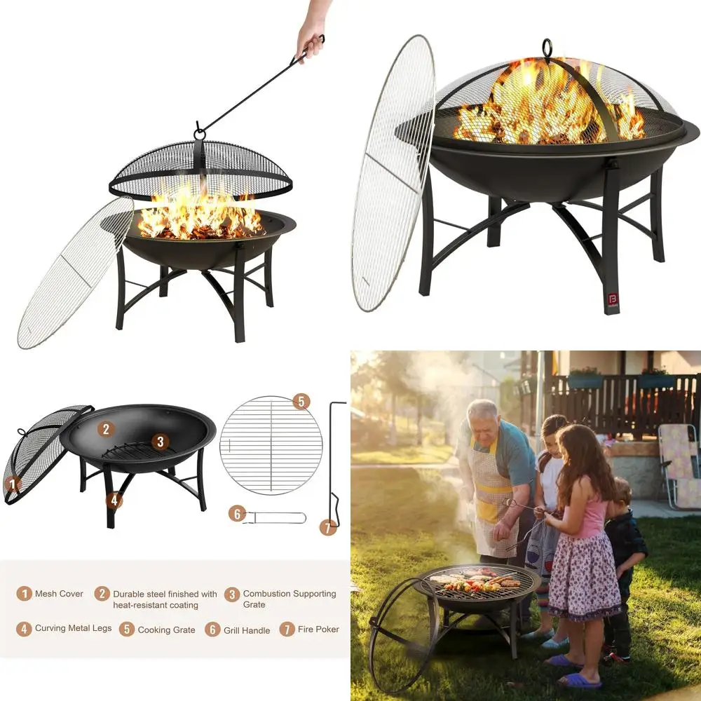 

Portable Steel Fire Pit Bowl with Cooking Grate, Spark Screen, Log Rack, and Poker for Outdoor BBQ, Camping, Beach, and Garden G