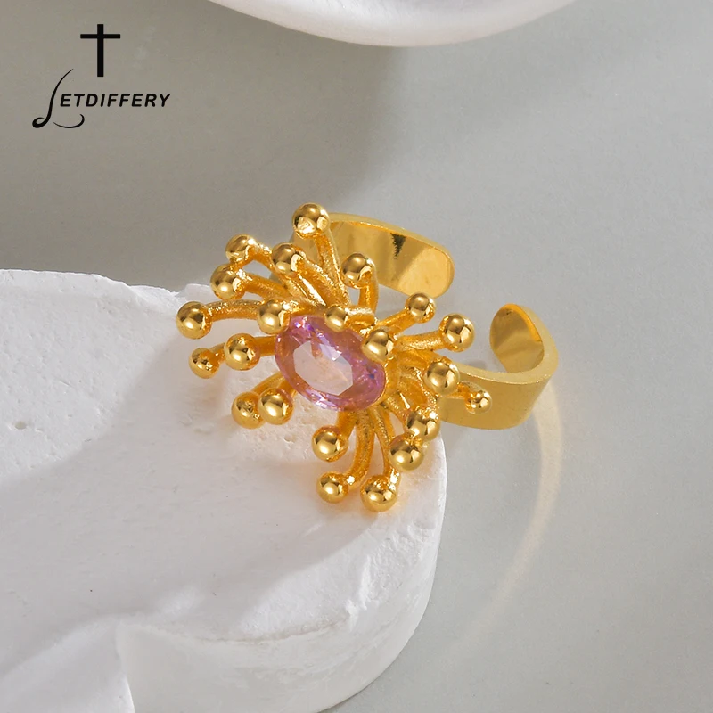 Letdiffery Fashion Fireworks Explosion Shape Ring for Women Stainless Steel Gold Color Adjustable Pink Zircon Open Rings Jewelry