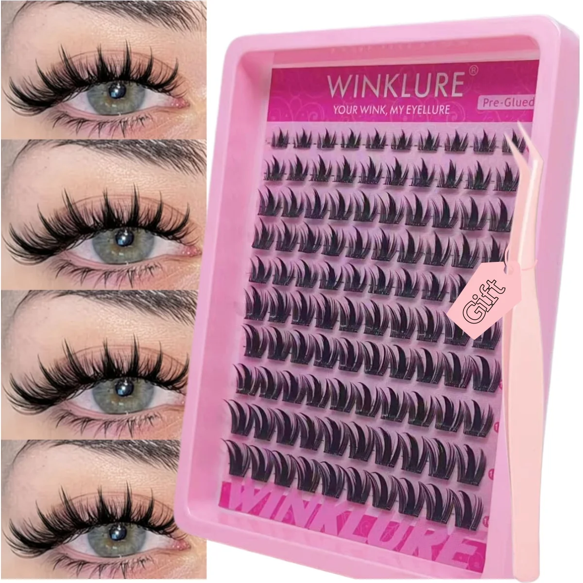WINKLURE Self-Adhesive False Eyelashes Reusable Lashes Glue Free Doll Eye with Pre-Attached Glue Strip for Anti-Stick Tweezers