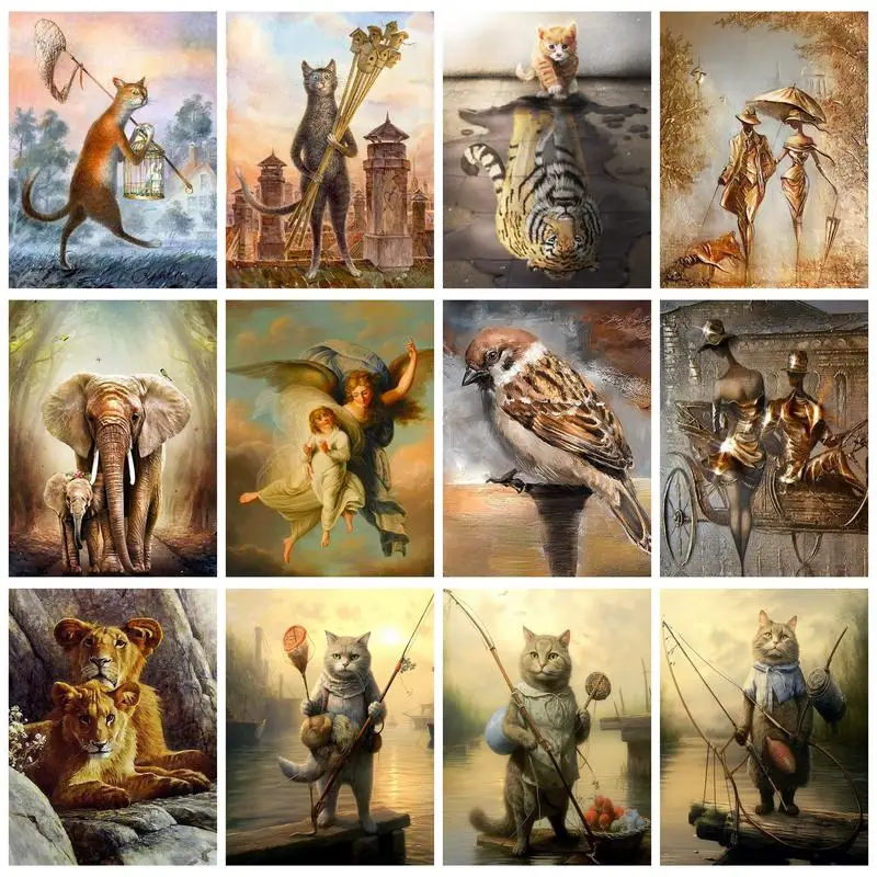 

RUOPOTY Cat Painting By Numbers Kits For Adults Frame Fishing Acrylic Paint On Canvas Animal Coloring By Numbers For Home Decors