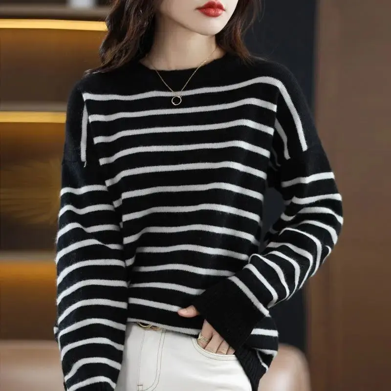 Sweaters Long Sleeve O-neck Ladies Patchwork Pullovers Women\'s Clothing Interior Lapping Printing Striped Autumn Winter Thin