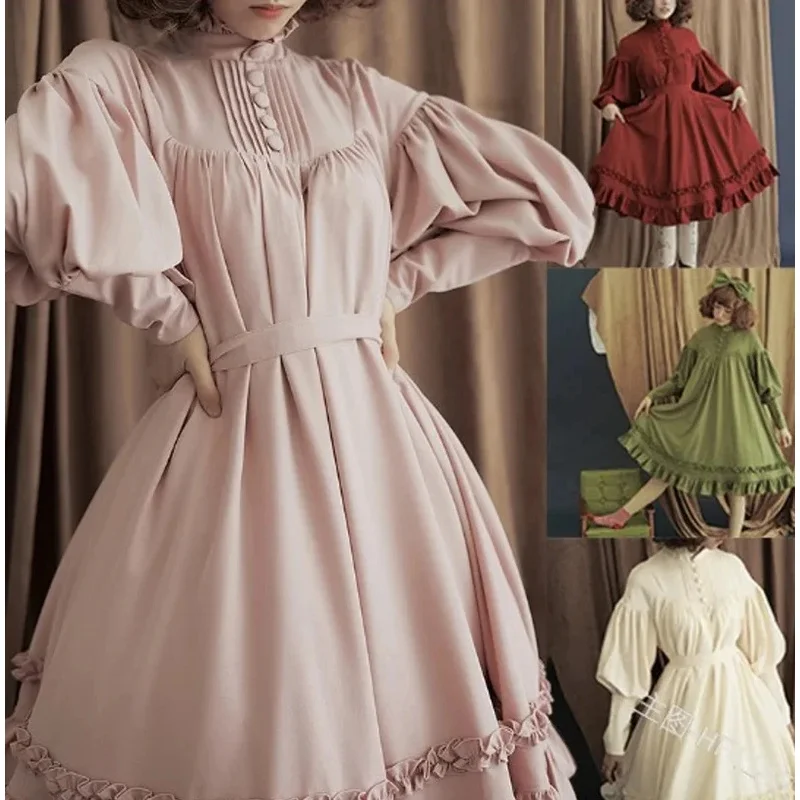 

Japanese Maid Cosplay Dress Women Long Sleeve Loose Button Lace Lantern Sleeve Decorative Lolita Dress Lady Cute Kawaii Dress