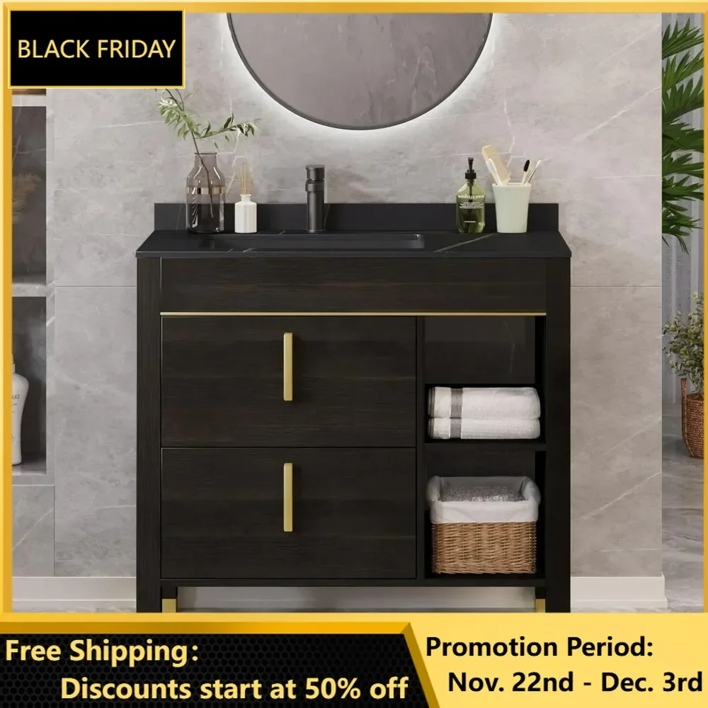 bathroom organizers, Bathroom Vanity with Sink Combo, Bathroom Cabinet Storage with Sintered Stone Countertop & Acrylic Basin Si