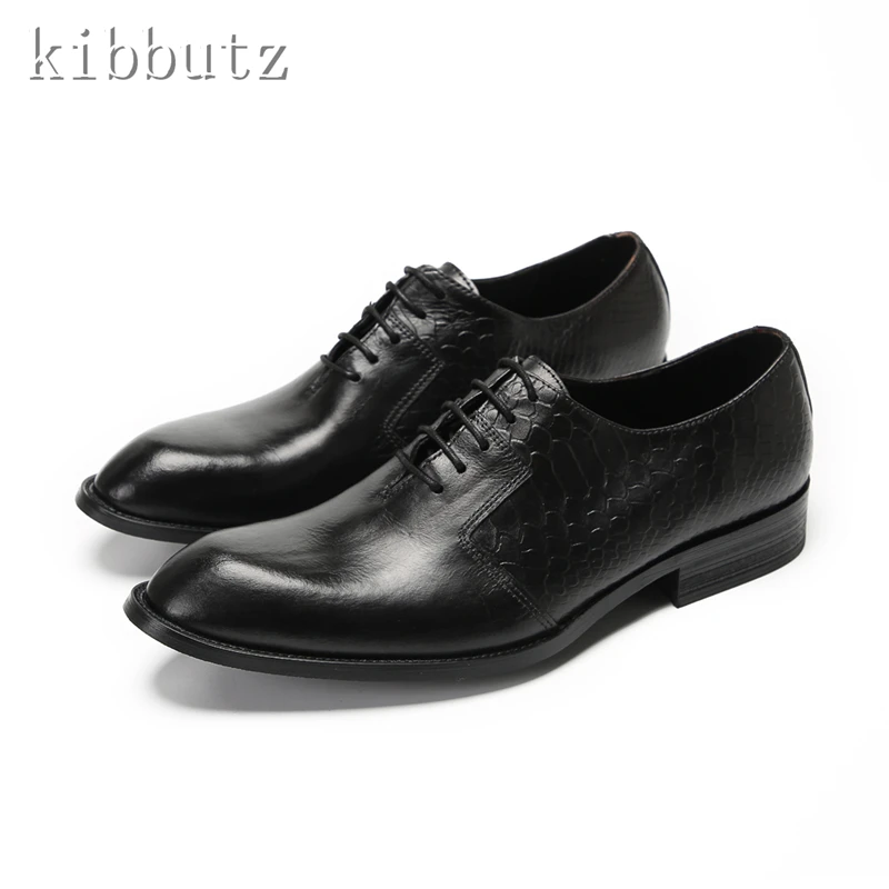 

Black Genunie Leather Men Business Shoes Pointed Toe Lace Up Flat Oxfords Gentleman Party Wedding Formal Dress Shoes