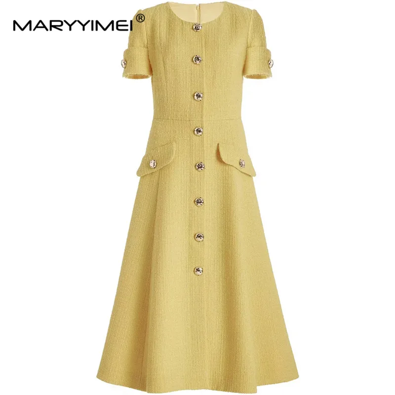 

MARYYIMEI Spring Summer Women's Dress Short Sleeved Single-Breasted High Waiste Lace-Up Commuter Solid Color Dresses