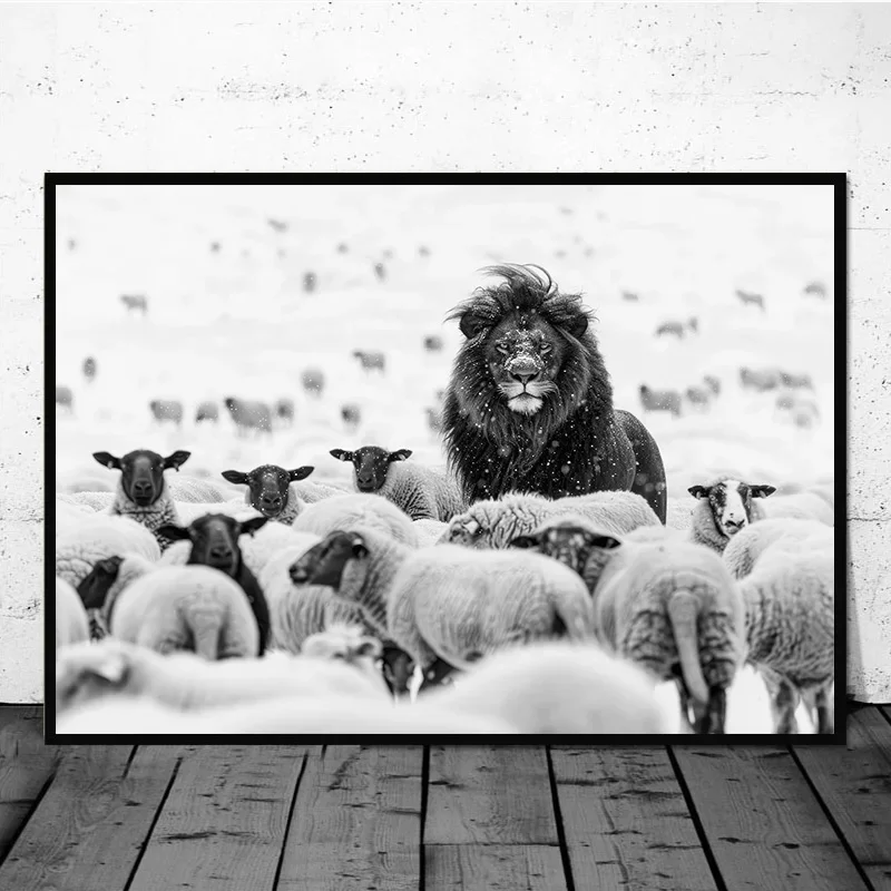 Multiple sizes 1pc frameless Canvas Painting,Lion Amongst Sheep Black & White Poster and Prints Canvas Painting Wall Art Picture
