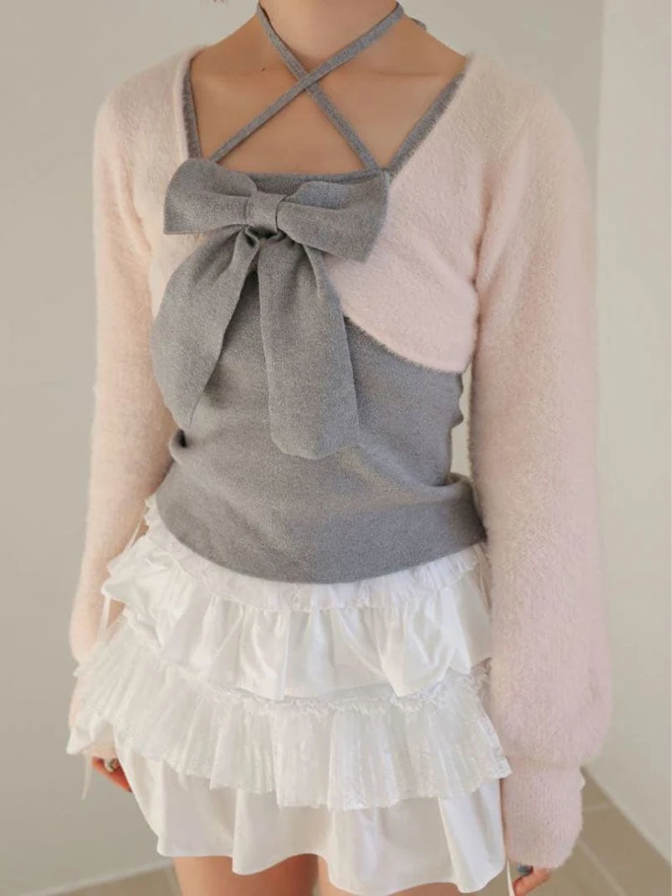 2025 estilo japonês doce grande arco colete de malha cardigan conjunto de 2 peças primavera outono novo feminino emagrecimento elegante camisola casual