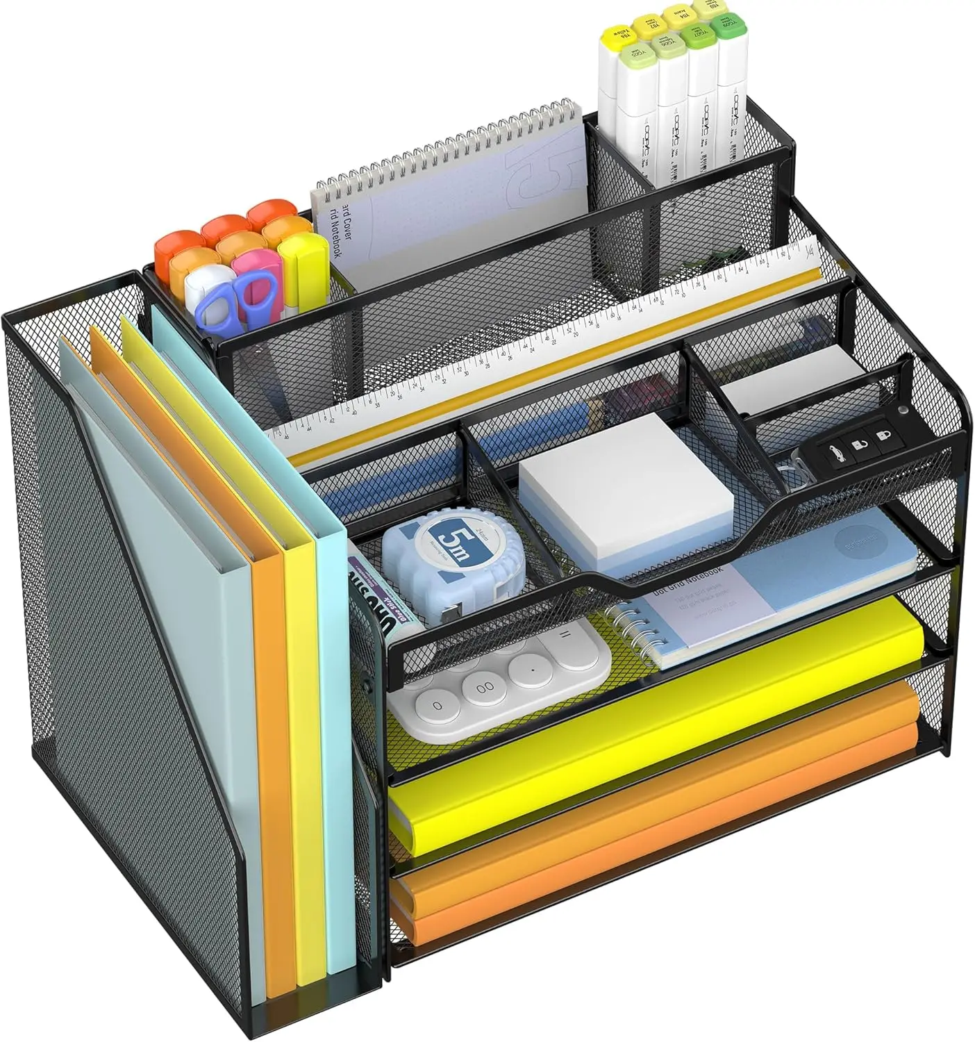 

4-уровневый сетчатый органайзер для стола с держателем для файлов, регулируемыми отделениями и подставками для ручек для офисного хранения - черный