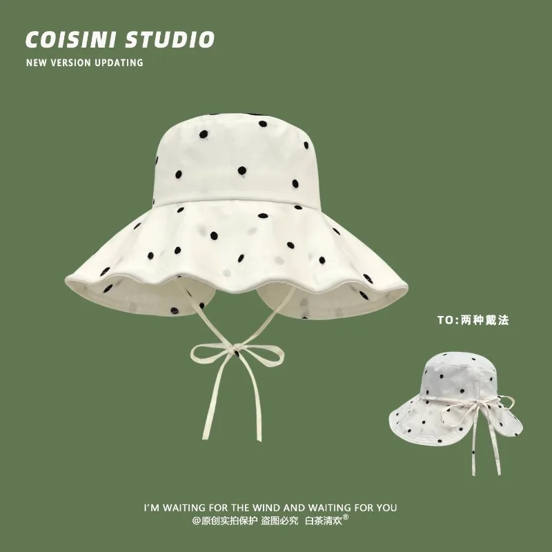 Ins Fresh Polka-dot Printing Strap Bucket Hats for Women Spring and Summer Travel Sun Protection Versatile Large Brim Sun Hat