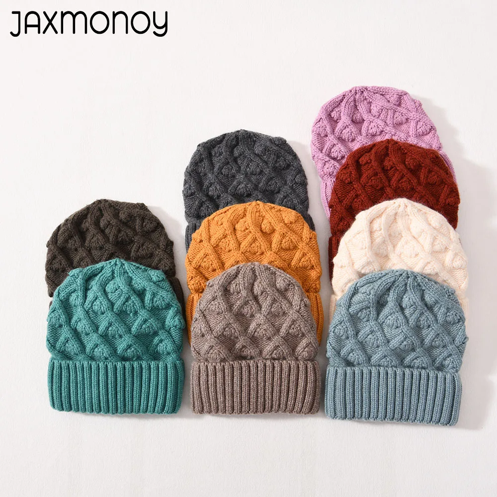 Jaxmonoy Women's Beanie Hat Winter Thicken Warm Skullies Hats Wool Blend Knitted Plaid Pattern Hats Ladies Solid Color Beanies