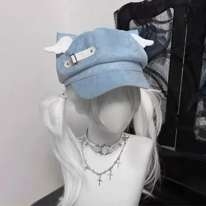 Y2K Cat Ear Wing Beret Hat for Women Japanese Harajuku Octagonal Painter's Cap – Adjustable, Cute and Cool Subculture Cap