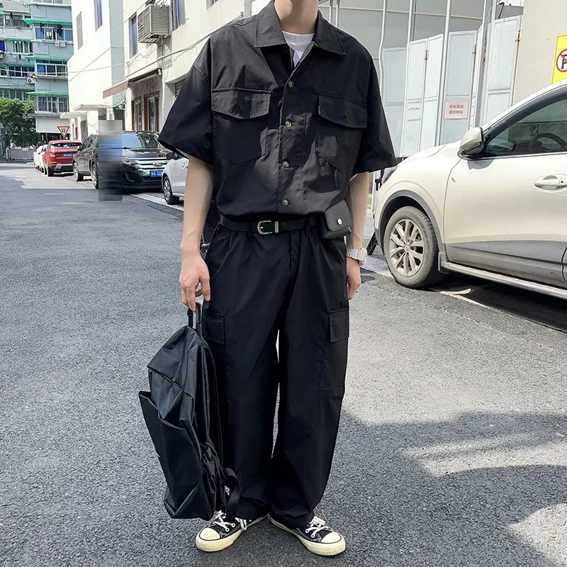 Male Fashion with Leather Belt Bag Men Cargo Overalls Streetwear Korean Rompers Pockets Short Sleeve Button Jumpsuits Women Men