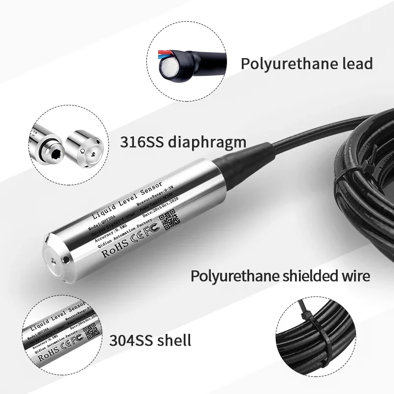 Water Level Sensor 10M 20M 100M Water Level Transmitter 4-20mA 0-10V RS485 Submersible Liquid Water Level Sensor Transmitter
