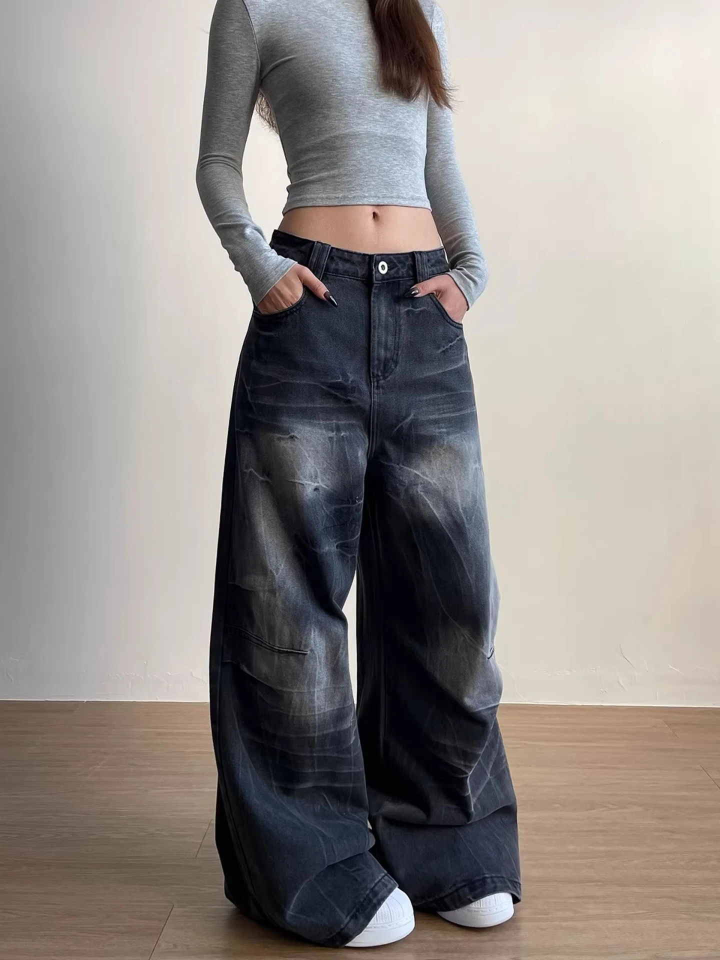 Jeans en denim déchiré à taille haute American Sle pour femmes, pantalon ample à jambes larges, style vintage, pli, élégant