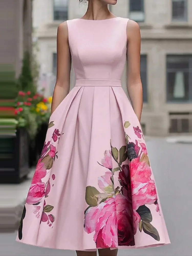 Elegant Chic O Neck Sleeveless Maxi Dress Women Summer Holiday Patchwork Printing Casual Party Dress Fashion Simple Ladies Dress