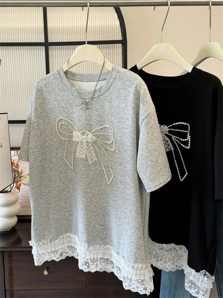 Faionable Heavy Embellied Lace Patchwork ort Sve T-irt ex Summer Vintage ey Casual Versatile Women's Top