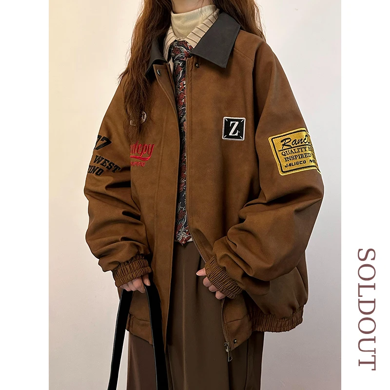 オリジナルアメリカンレトロ刺繍入りPUレザージャケット女性用ルーズメタルカラーアウタートレンディブランドストリートスタイルジッパー開閉