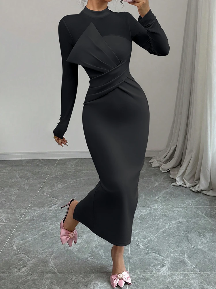 Autumn Women's Dresses Streetwear Fashion Long Sleeve Half turtleneck Maxi Dress Solid Sexy See Through Bodycon Dresses Clothing