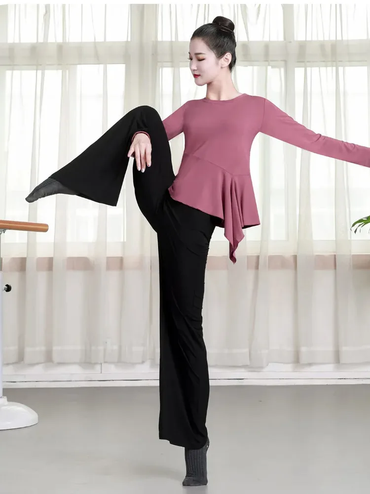 Jednokolorowy asymetryczny top do tańca z falbanką dla kobiet – elegancki kostium sceniczny do występów klasycznych