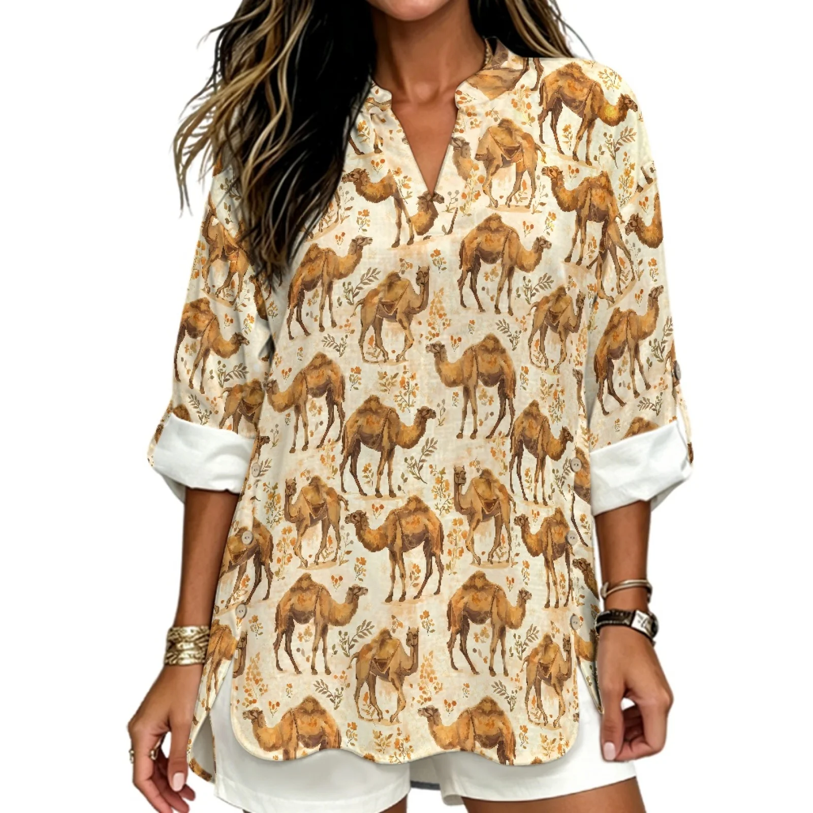 PENSTROLL Camel and Floral Pattern Linen Like Long Sleeve Shirts Curved Hem Tunic Blouses for Beach Sizes S-5XL