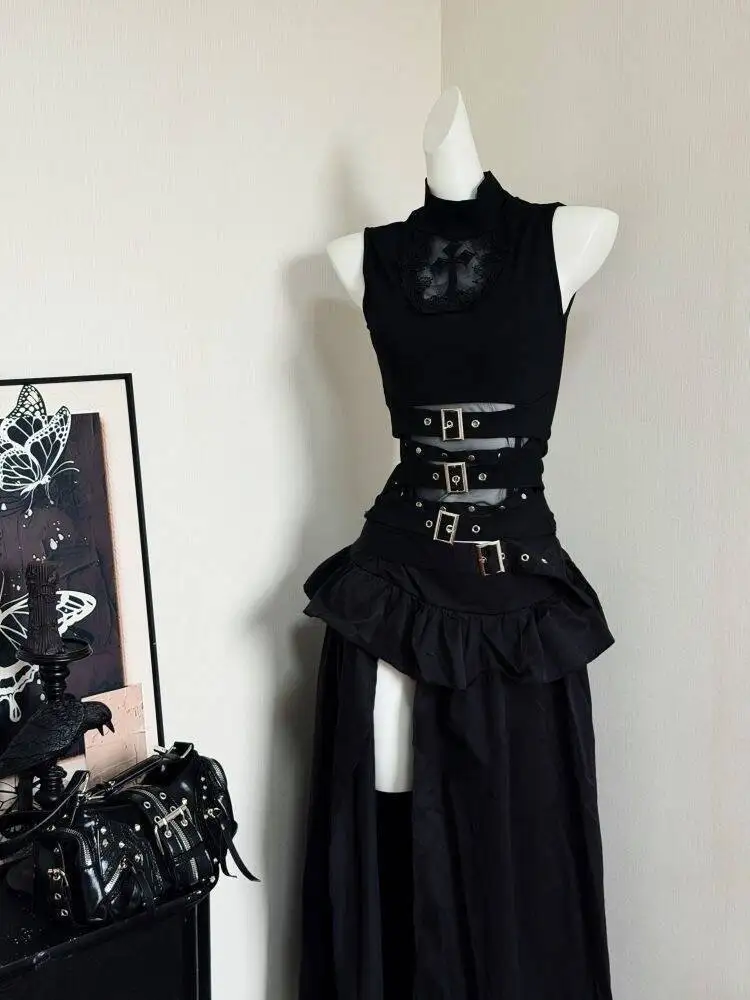 Hochgeschnittenes Elegantes Rock-Set Figurbetonte Schwarze Weste Hot Girls Gothic Y2K Midi-Rock Zweiteiler Outfit Subkulturelle Streetwear