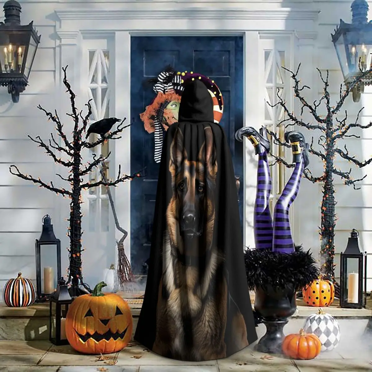 Adorável pastor alemão retrato longo com capuz capa bruxa traje medieval cosplay capa halloweenparty adulto unisex