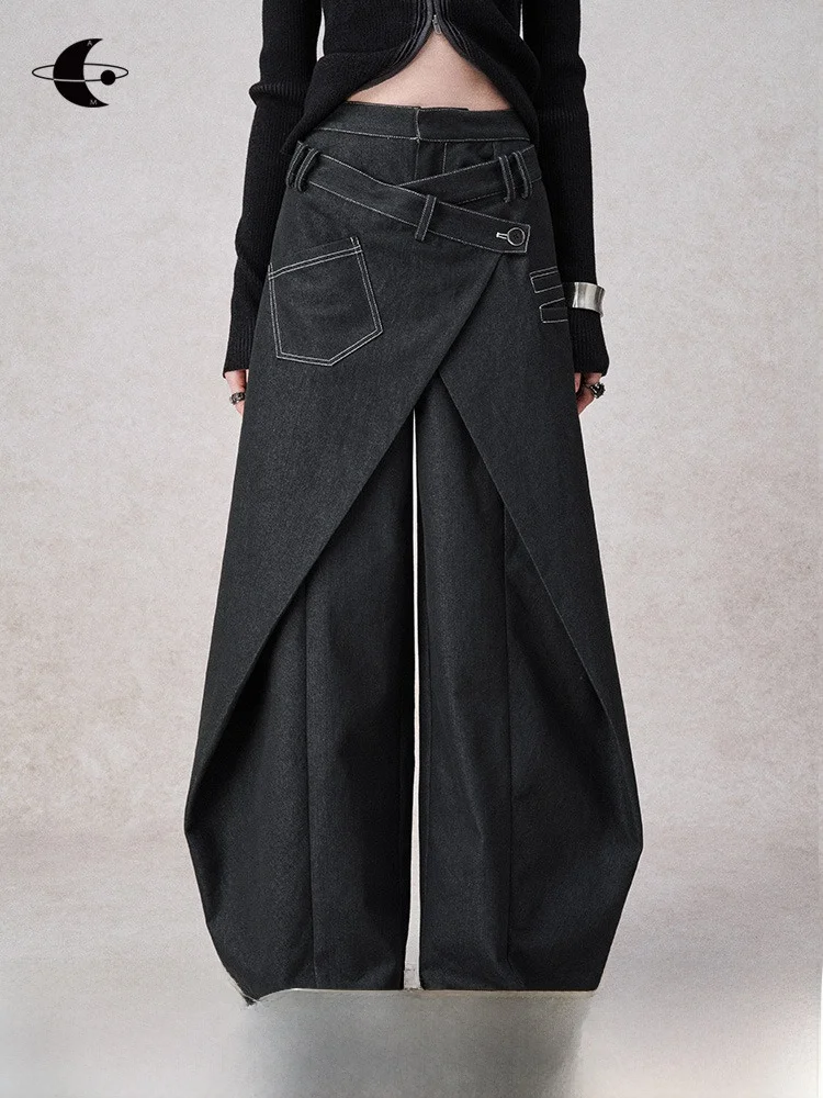 Genetic Drifting Symphonic Design Lose Jeans mit weitem Bein für Damen im Frühherbst, lässige Baumwoll-Stretch-Denim-Hose mit hoher Taille