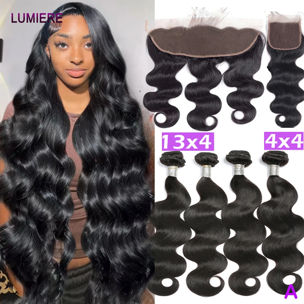 

18A Необработанные пучки объемной волны с застежкой Фронтальная HD прозрачная кружевная застежка и пучки Бразильские наращивания волос