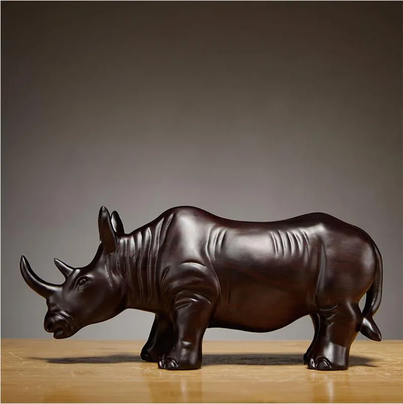 Collection Wood carving Lucky recruit wealth rhinoceros Desk Ornament Home Feng Shui Decoration Crafts Statue