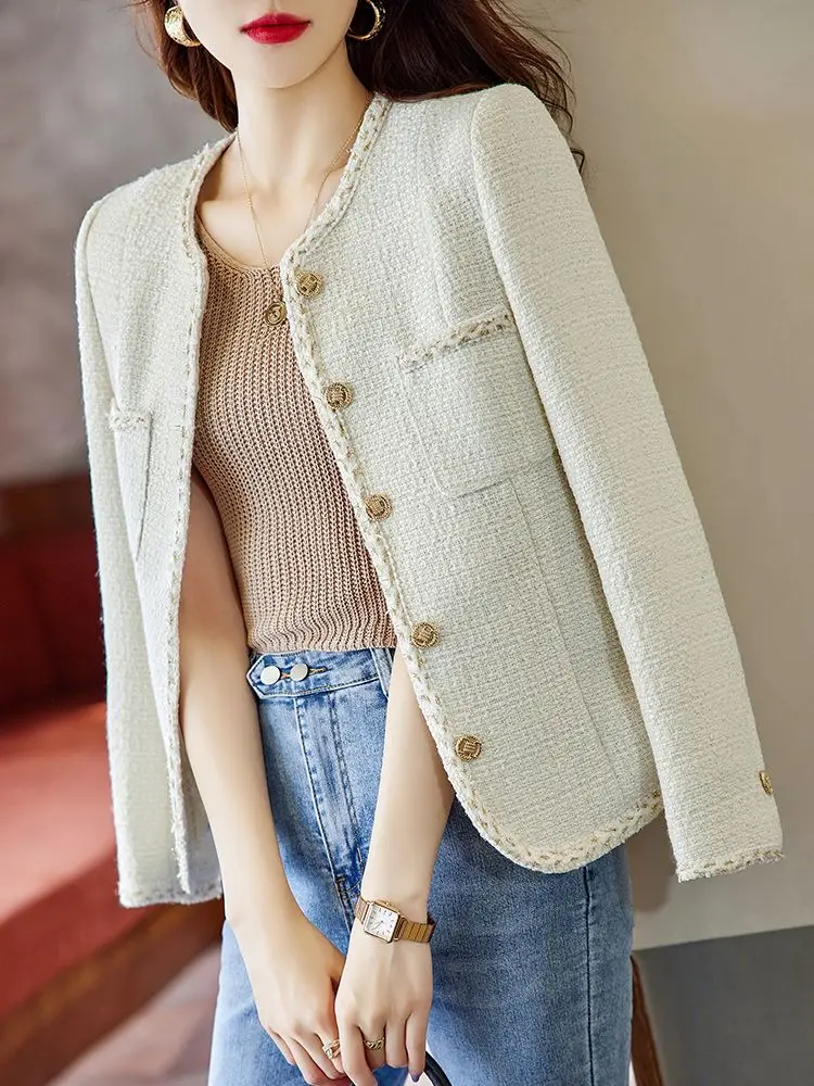 

2024 Women Spring Autumn New Long Sleeve Tweed Jacket Female O Neck Cropped Coats Ladies Single Breasted Loose Outwear R797