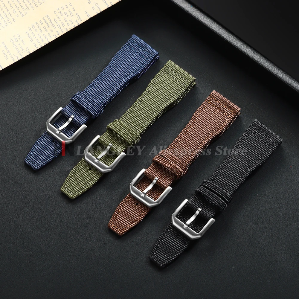 IWCパイロット用ナイロンキャンバス時計ストラップ 20mm 21mm 22mm グリーン ブラック スポーツウォッチバンド 牛革リストバンド メンズ レディース ブレスレット