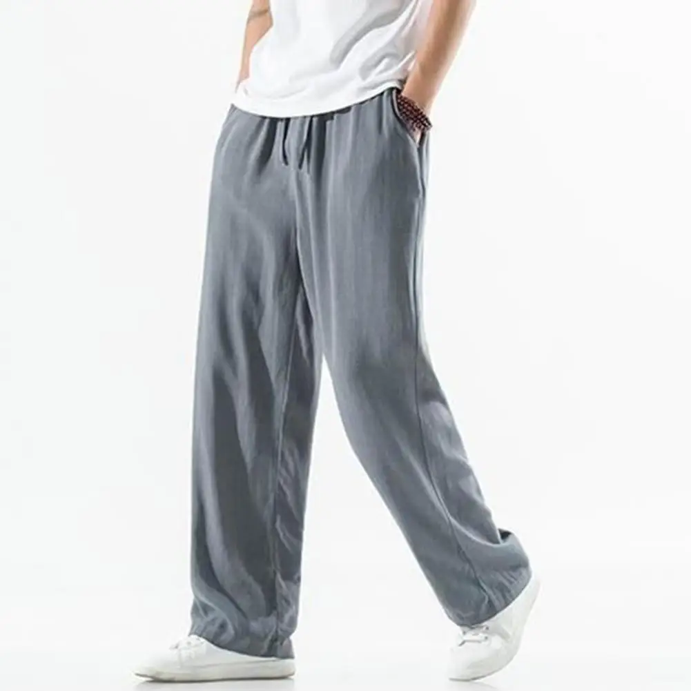 

2024 New Men Summer Casual Pants Breathable Polyester Korean Fashion Semi-Wide Banded Waist Slacks Straight Loose Drape Trousers