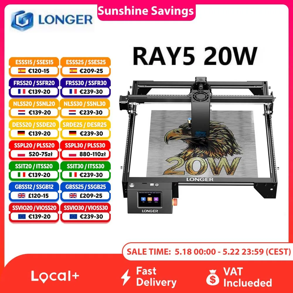 LONGER RAY5 20W graveur Laser écran tactile 32 bits jeu de puces WIFI 0.08*0.1mm Laser gravure par points Machine de découpe zone 375*375mm
