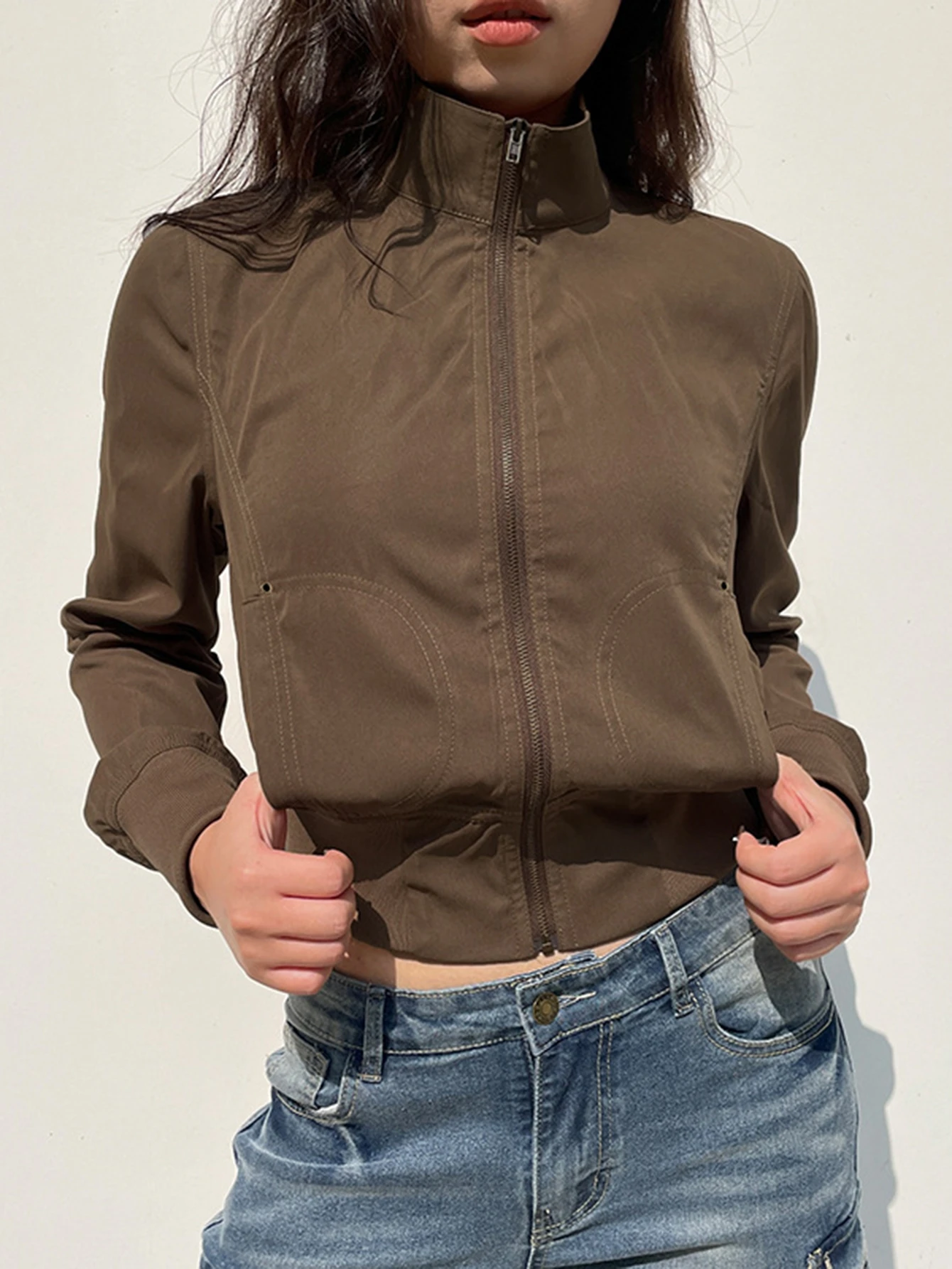 

Женская осенняя куртка, однотонная, с длинным рукавом, воротником-стойкой, на молнии, облегающая, спортивная, базовая, повседневная одежда