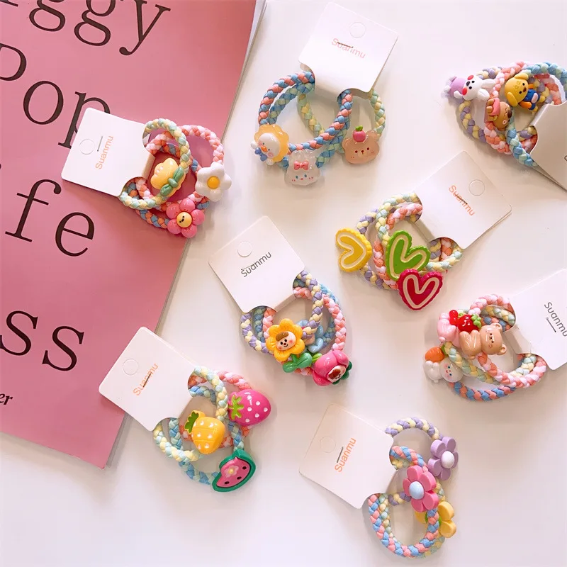 3pcs/set Kids Kawaii Flower Fruit Hair Tie Baby Colorful Heart Hair Rope Elastic Hair Rubber Bands For Girl Cute Hairbands Gift