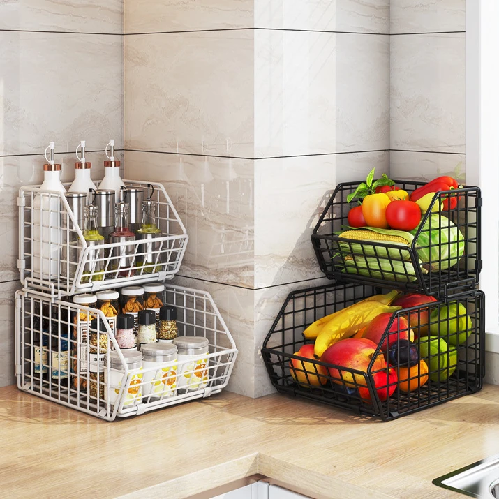 

Kitchen Multi-Layer Seasoning Vegetable Rack Metal Mesh Bin Floor Stackable Shelves for Snack Canned Fruit Storage Basket