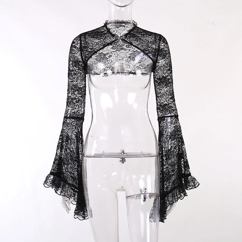 

2025 New Dark Lace Hollow Out See Through Gothic Crop Shrug Top Women Cropped Coats Grunge Batwing Sleeve Halloween Blouse Shirt