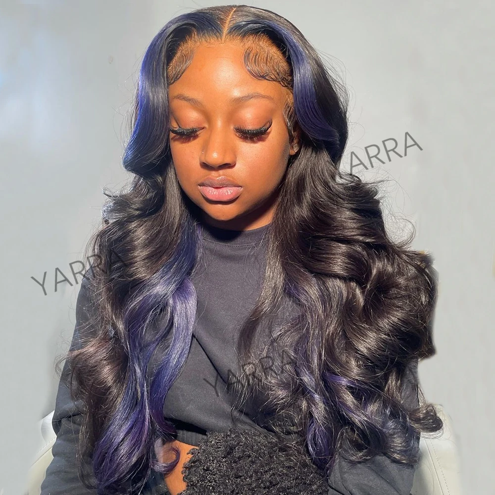 HIghlight Blue 13x4 Body Lace Frontal Wig For Women Blue Highlight Lace Front Human Hair Wigs Transparent Glueless Lace Remy Wig