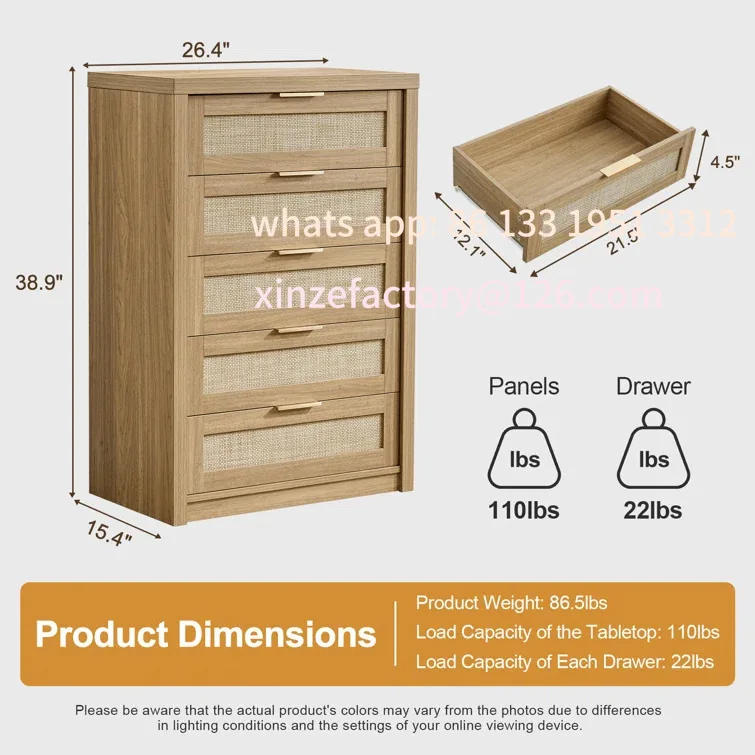 Personalizável Nova cor natural personalizada 26,4 polegadas de largura 5 gavetas cômoda de madeira